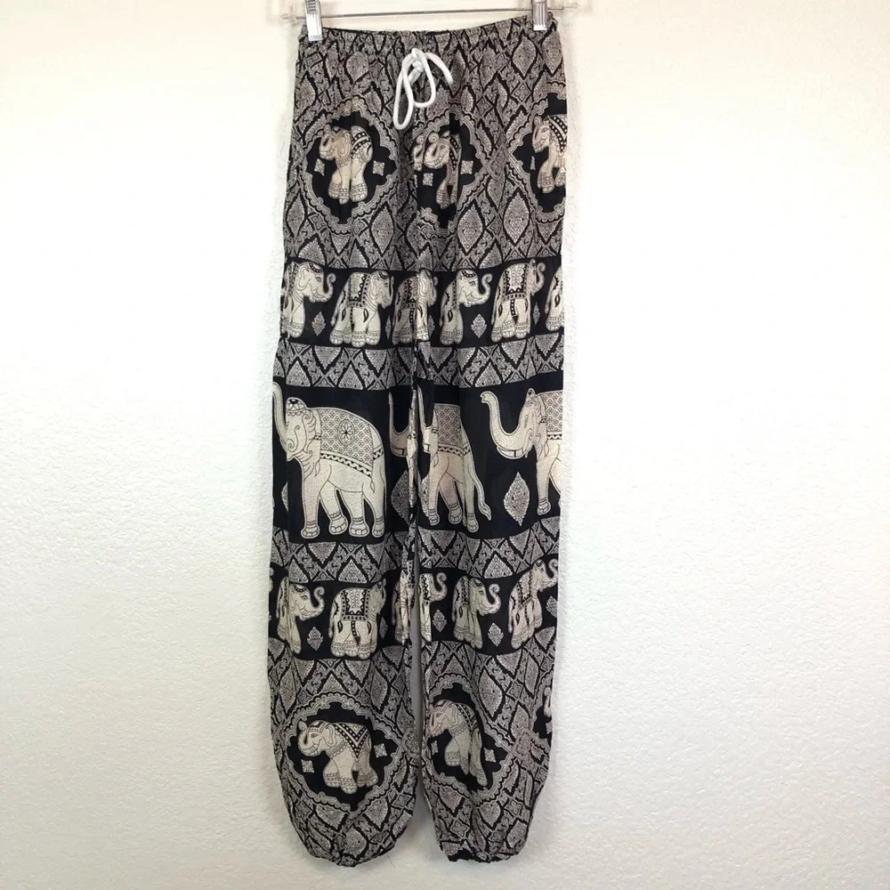 Black Tan rayon light and soft gypsy genie balloon pants Small